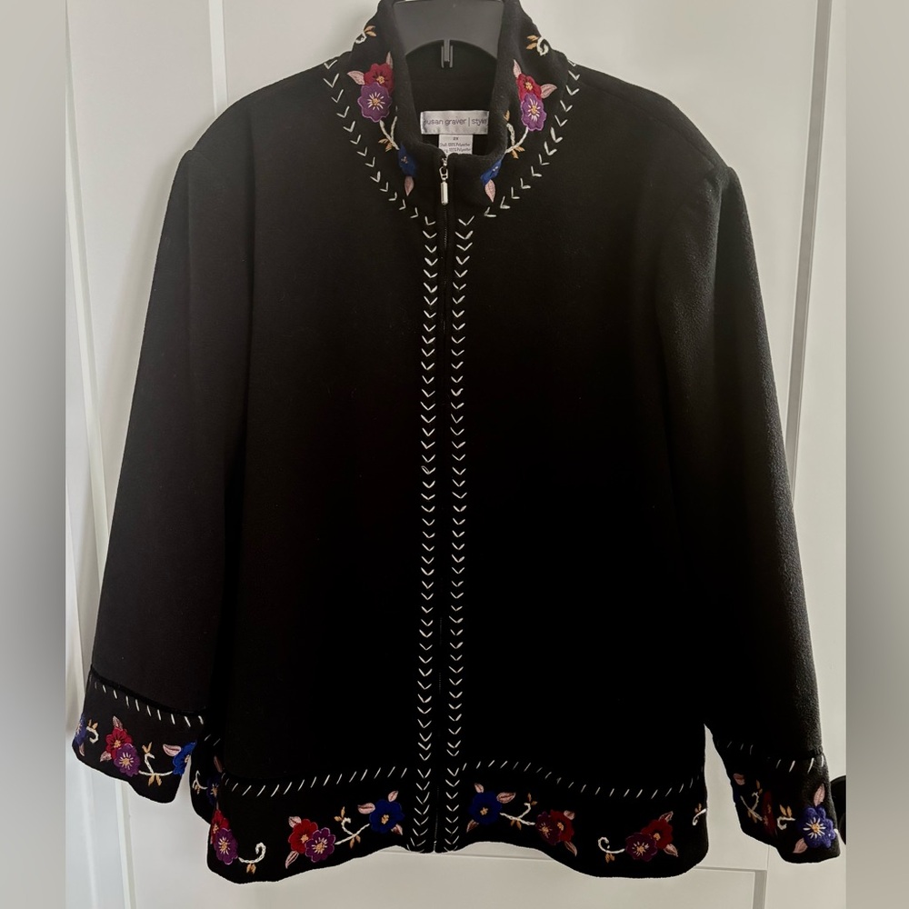 SUSAN GRAVER EMBROIDERED CARDIGAN FULL ZIP JACKET MID LENGTH COLLARED NECK XXL
